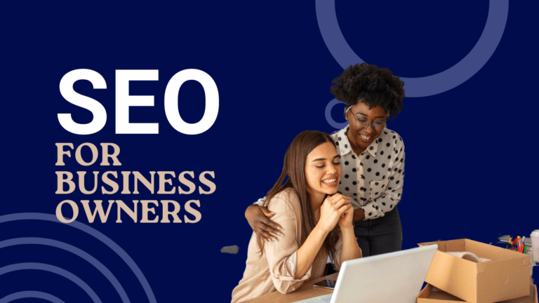A Woman Standing Next To Another Woman With A Graphic &Quot;Seo For Business Owners&Quot; Email Us At Getmysite@Websitedesignstlouis.com