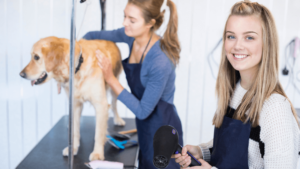 Golden Retriever With Two Women Groomers Ask Us. Https://Websitedesignstlouis.com