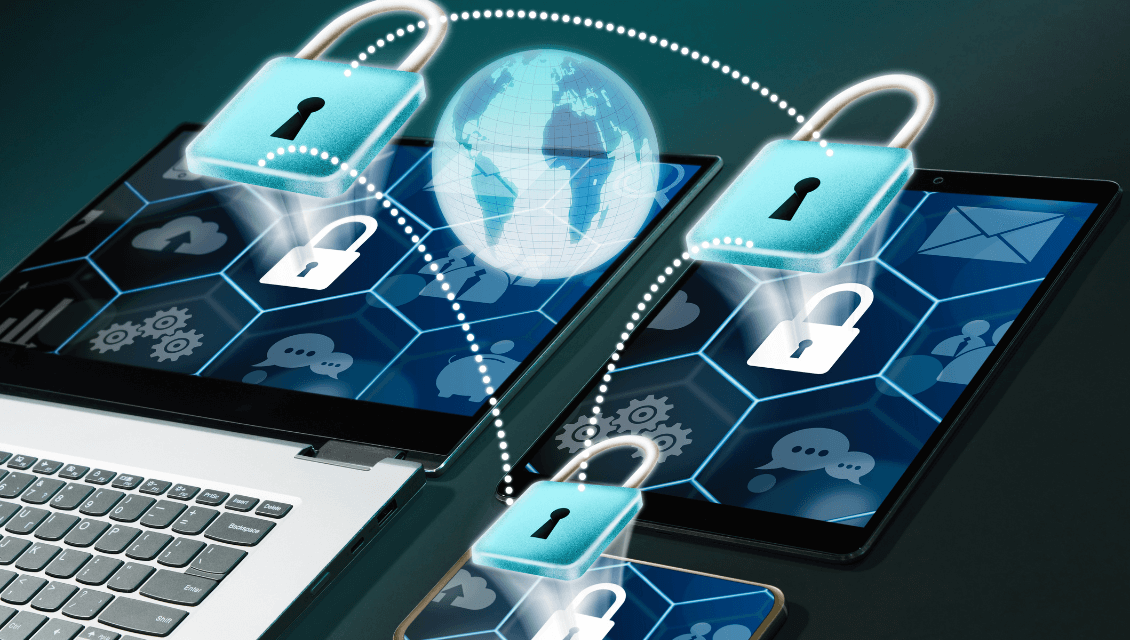 A Laptops And A Cell Phone With Padlocks Flying Out Of Them Ask Us. Https://Websitedesignstlouis.com